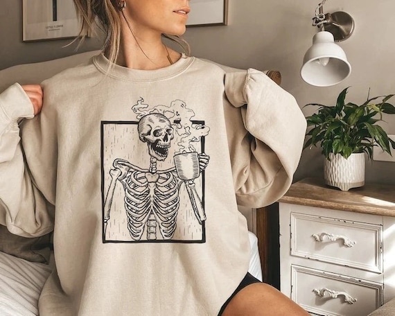 Halloween Coffee Drinking Skeleton Skull Sweatshirt, Halloween Skeleton Shirt, Skeletons Happy Halloween Tshirt, Oversized Comfortable Tee
