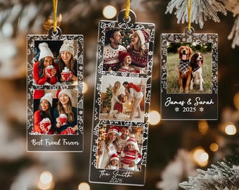 May include: Acrylic Christmas ornaments with family photos. One ornament says "Best Friend Forever", another says "The Smith 2025", and the third says "James & Sarah 2025". Each ornament has a decorative border and a gold string for hanging.