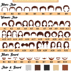 May include: An image showing a selection of hairstyles and beard styles for personalization. The image includes options for men's and women's hair, beard styles, and hair colours such as grey, brown, black, blonde, and red.