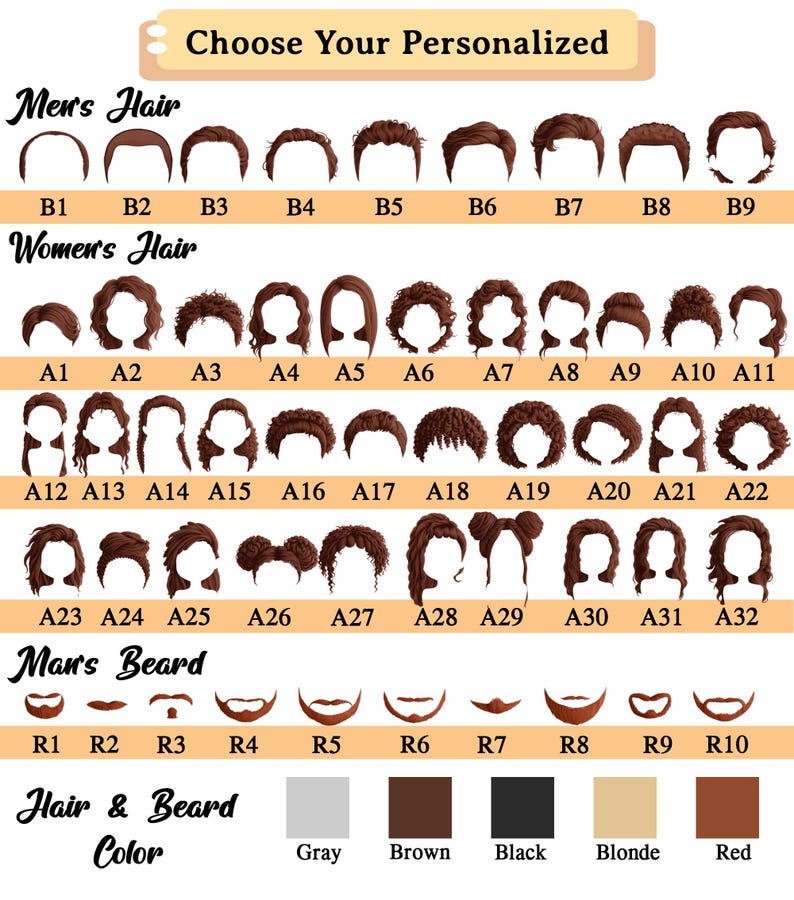 May include: An image showing a selection of hairstyles and beard styles for personalization. The image includes options for men's and women's hair, beard styles, and hair colours such as grey, brown, black, blonde, and red.