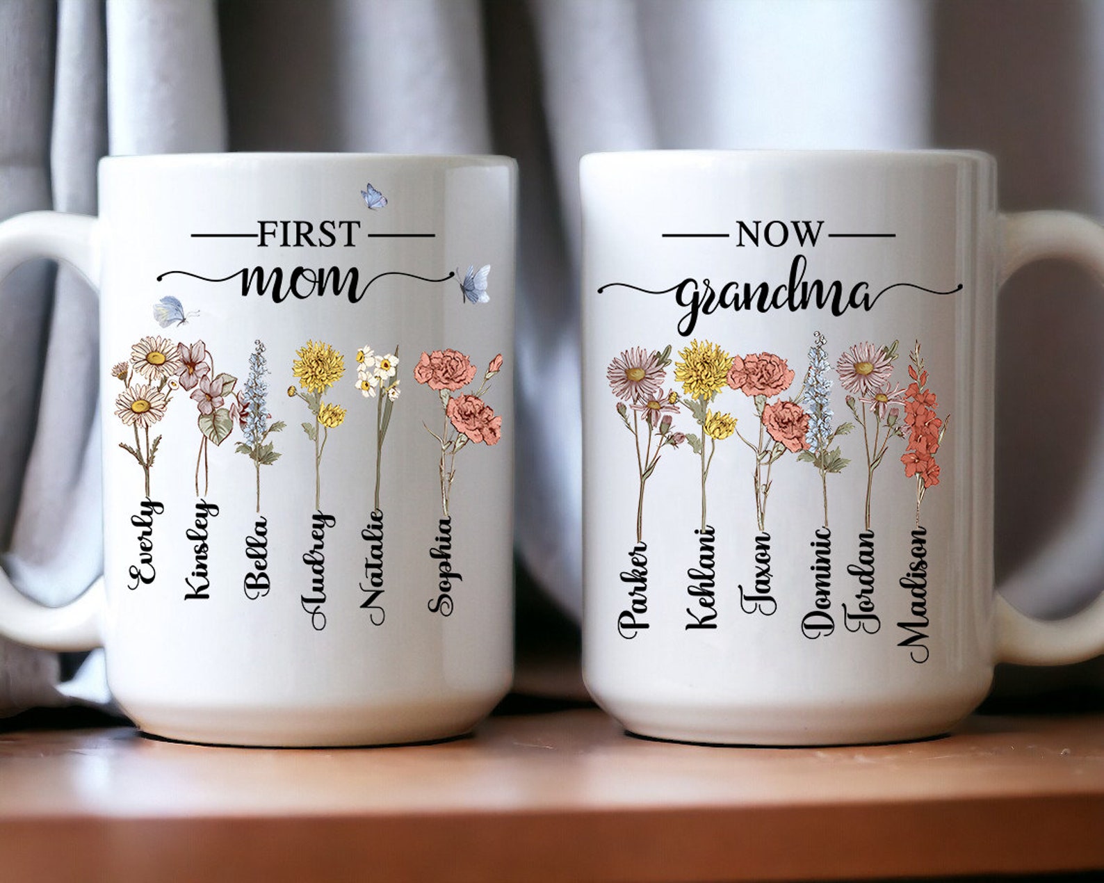 Personalized Birth Month Flower Coffee Cup, First Mom Now Grandma Mug ...