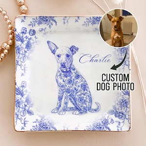 Custom Dog Portrait Jewelry Dish, Toile De Jouy Pet Ring Dish, Personalized Dog Photo Gift, Dog Mom Gift, Pet Lover Trinket Dish, Pet Gift