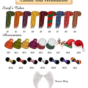 May include: An image showcasing a variety of customizable accessories. It includes scarves in various colors and patterns, along with beanies, Minnie Mouse-style bows, angel wings, and holiday-themed headwear. Text reads "Choose Your Personalized".