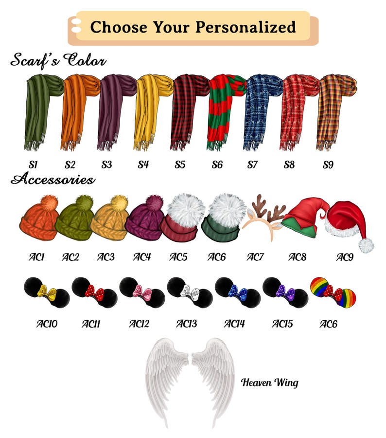 May include: An image showcasing a variety of customizable accessories. It includes scarves in various colors and patterns, along with beanies, Minnie Mouse-style bows, angel wings, and holiday-themed headwear. Text reads "Choose Your Personalized".