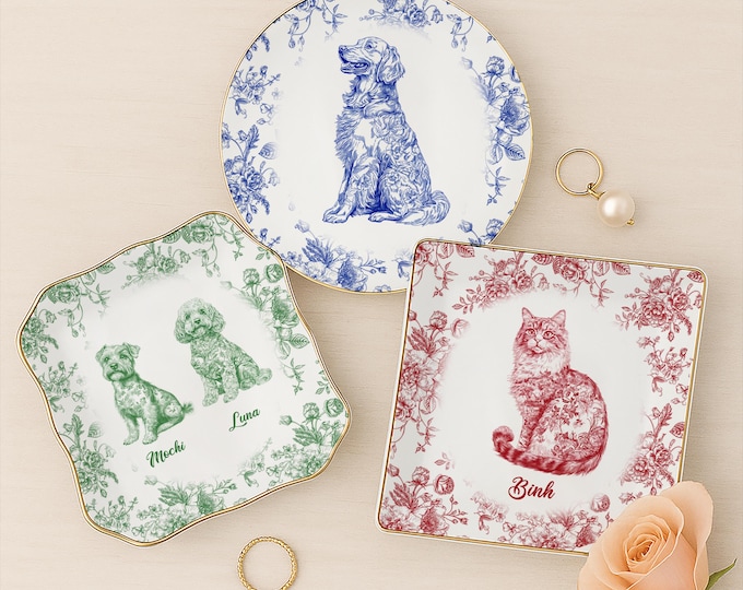 Custom Dog Cat Breed Jewelry Dish, Toile De Jouy Pet Ring Dish, Personalized Dog Cat Mom Gift, Pet Lover Trinket Dish, Pet Gift