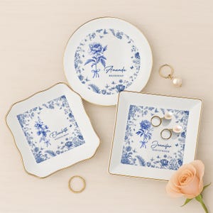 Personalised Birth Flower Trinket Dish, Custom Toile De Jouy Flower Ring Dish, Wedding Ring Dish, Birthday Jewelry Dish, Bridesmaid Gift
