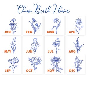 Pu&ograve; includere: Una grafica bianca con la scritta "Choose Birth Flower" in blu. Sotto, dodici quadrati mostrano ciascuno un diverso fiore disegnato in blu e un'abbreviazione del mese: Gen, Feb, Mar, Apr, Mag, Giu, Lug, Ago, Set, Ott, Nov, Dic.