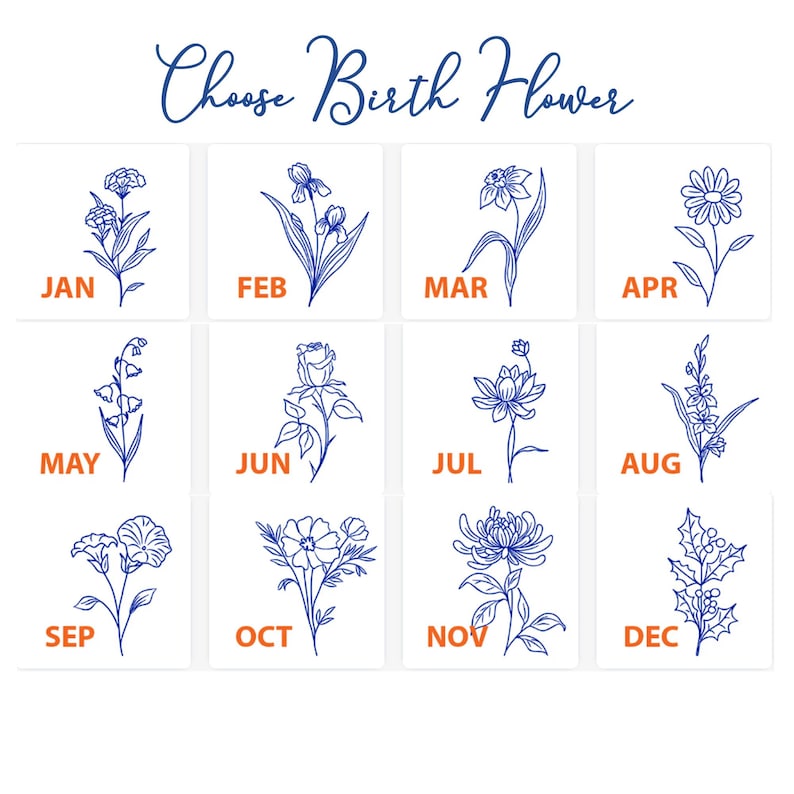 Pu&ograve; includere: Una grafica bianca con la scritta "Choose Birth Flower" in blu. Sotto, dodici quadrati mostrano ciascuno un diverso fiore disegnato in blu e un'abbreviazione del mese: Gen, Feb, Mar, Apr, Mag, Giu, Lug, Ago, Set, Ott, Nov, Dic.