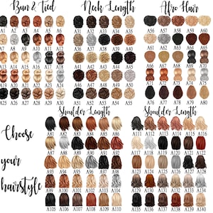 May include: A catalog of various hairstyles, including buns, neck-length, afro, and shoulder-length styles. Each style is numbered and categorized, with options for choosing a hairstyle. The image features a range of hair colors and textures.