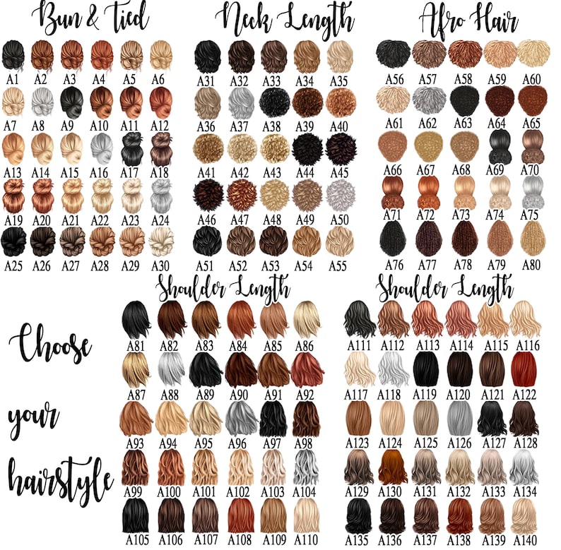 May include: A catalog of various hairstyles, including buns, neck-length, afro, and shoulder-length styles. Each style is numbered and categorized, with options for choosing a hairstyle. The image features a range of hair colors and textures.