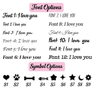 Pu&ograve; includere: Uno sfondo bianco mostra le opzioni di carattere e simbolo. Il testo "Font Options" &egrave; in una casella rosa. Sono mostrati dodici stili di carattere con la frase "I love you". Sotto, "Symbol Options" &egrave; in una casella rosa, con nove simboli neri.
