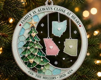 Personalized Long Distance Family Ornament, Custom State/Country Maps Christmas Keepsake, Miles Apart Family Gift for Mom, Dad, Grandparents
