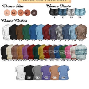 May include: Image with options to personalize a product. Includes choices for skin tones, pants, and clothing styles such as shirts and sweaters. Text at the top reads "Choose Your Personalized".