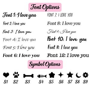 Puede incluir: Un fondo blanco muestra opciones de fuentes y s&iacute;mbolos. El texto "Font Options" est&aacute; en un cuadro rosa. Se muestran doce estilos de fuente con la frase "I love you". Debajo, se muestran nueve opciones de s&iacute;mbolos, incluyendo un coraz&oacute;n, una huella de pata, un hueso y una estrella.