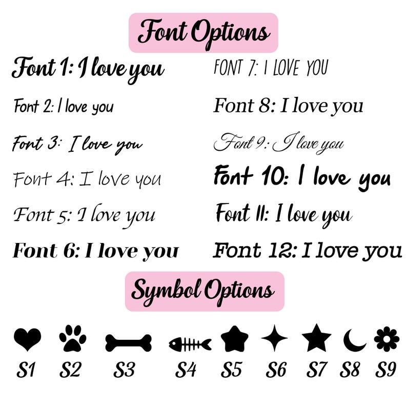 Puede incluir: Un fondo blanco muestra opciones de fuentes y s&iacute;mbolos. El texto "Font Options" est&aacute; en un cuadro rosa. Se muestran doce estilos de fuente con la frase "I love you". Debajo, se muestran nueve opciones de s&iacute;mbolos, incluyendo un coraz&oacute;n, una huella de pata, un hueso y una estrella.