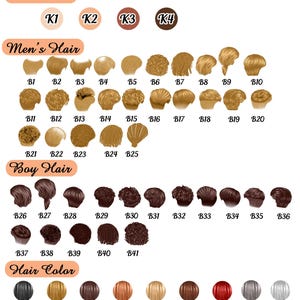May include: A chart displaying options for skin tones, men's hair, boy hair, and hair colors. The skin tone options are labeled K1, K2, K3, and K4. Hair options include various styles and colors like black, blonde, brown, and red.