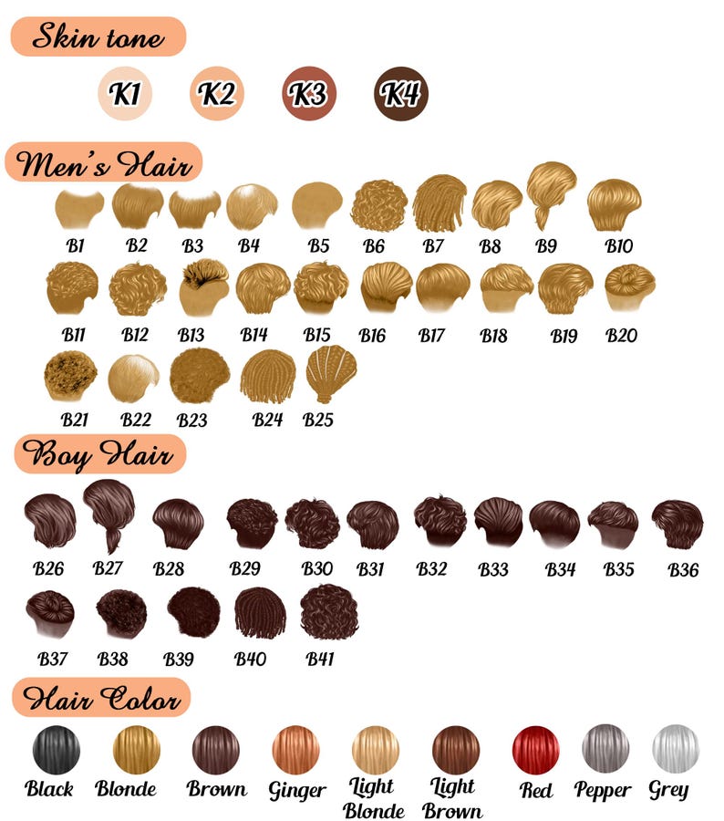 May include: A chart displaying options for skin tones, men's hair, boy hair, and hair colors. The skin tone options are labeled K1, K2, K3, and K4. Hair options include various styles and colors like black, blonde, brown, and red.