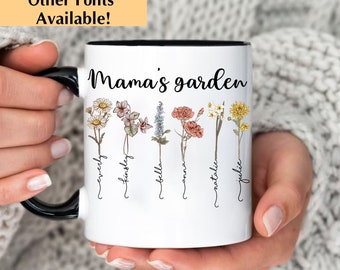 Tazza "Il giardino della mamma" con fiori del mese di nascita e nomi dei bambini, regali per la mamma, giardino della nonna, fiori del mese di nascita, tazza personalizzata per la mamma