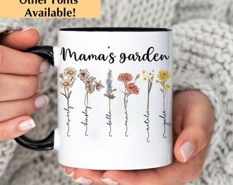 Mug jardin de maman avec fleurs du mois de naissance et noms d'enfants, cadeaux pour maman, jardin de grand-mère, fleurs du mois de naissance, tasse maman personnalisée