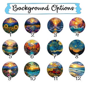 May include: An image with the text "Background Options" above twelve circular landscape designs. The designs include sunflowers, mountains, starry nights, and ocean scenes, each with a unique colour palette and numbered 1 through 12.