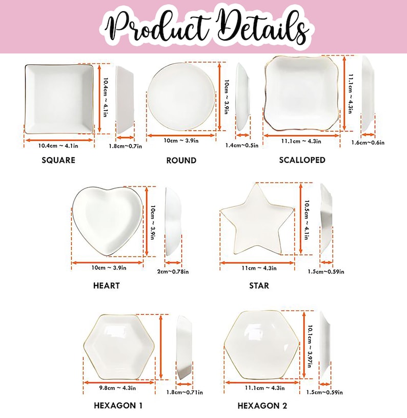 May include: An image displaying various white ceramic plates with gold rims. The plates come in square, round, scalloped, heart, star, and hexagon shapes. Measurements are provided in inches and centimeters, with the square plate measuring 4.1 inches.