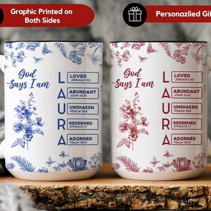 Pu&ograve; includere: Due tazze in ceramica bianca con manici neri, con disegni floreali e la scritta "God Says I Am" e il nome "LAURA". Una tazza ha accenti floreali blu, l'altra rossi. Entrambe le tazze hanno testo ispiratore.