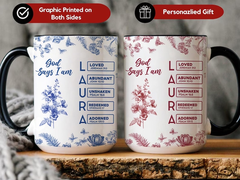 Pu&ograve; includere: Due tazze in ceramica bianca con manici neri, con disegni floreali e la scritta "God Says I Am" e il nome "LAURA". Una tazza ha accenti floreali blu, l'altra rossi. Entrambe le tazze hanno testo ispiratore.