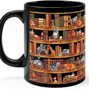 Mugs Librarian, Book Mug, Bookish Mug, Bookish Gifts, Book Lover Gift, Library Bookshelf Cats Mug, Librarian Mug, Book Lover Cat Lover Mug