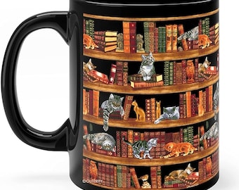 Mugs Librarian, Book Mug, Bookish Mug, Bookish Gifts, Book Lover Gift, Library Bookshelf Cats Mug, Librarian Mug, Book Lover Cat Lover Mug