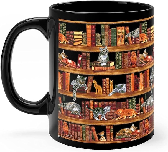 Mugs Librarian, Book Mug, Bookish Mug, Bookish Gifts, Book Lover Gift, Library Bookshelf Cats Mug, Librarian Mug, Book Lover Cat Lover Mug
