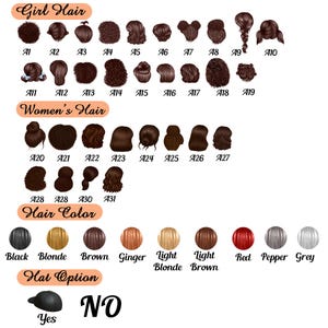 May include: A graphic featuring various hairstyles and hair colors, labeled "Girl Hair" and "Women's Hair." Hair color options include black, blonde, brown, ginger, and red. A hat option is also shown. The word "Yes" and "No" are also displayed.