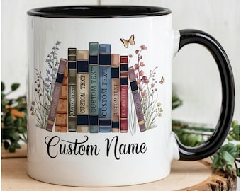 Personalisierte Blumen Bücher Tasse, Lieblingsbücherregal Kaffeetasse, Benutzerdefinierte Titel & Name Bibliothekar Bücherwurm Geschenk für Leser, Geschenk für Buchliebhaber