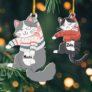 以下が含まれることがあります： 赤い白のセーターを着た、グレーと白の猫のオーナメント2つ。オーナメントには「モチ」と「ゼイク」の名前が書かれています。オーナメントはクリスマスツリーに飾られています。