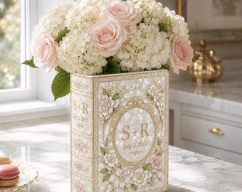 Personalized Wedding Book Vase, Custom Couple Initials Vase, Pearl Floral Book Vase, Bridal Shower Gift, Anniversary Keepsake, New Home Gift
