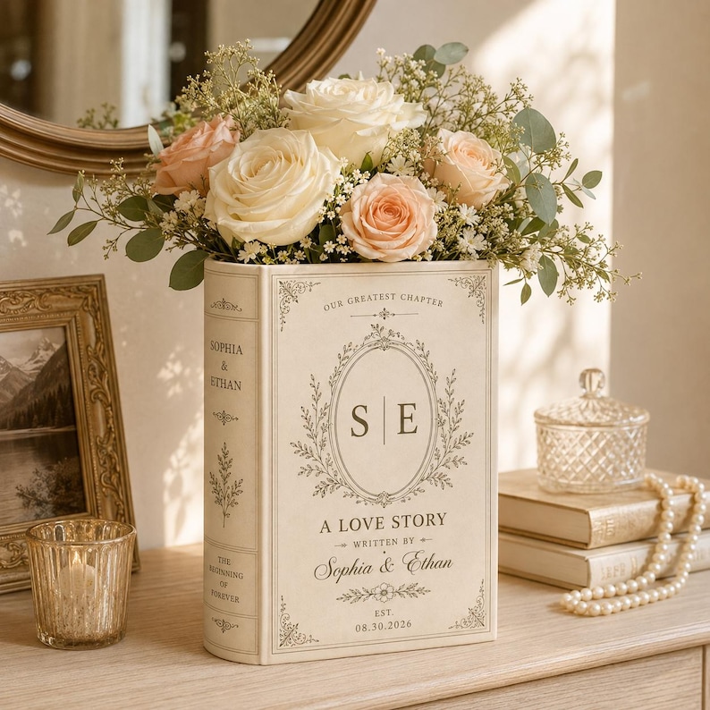 Puede incluir: Un florero en forma de libro de color crema con el texto "OUR GREATEST CHAPTER", "A LOVE STORY", "WRITTEN BY Sophia & Ethan", "EST. 08.30.2026" y las iniciales "S E" dentro de un marco ovalado, lleno de rosas blancas y melocot&oacute;n y vegetaci&oacute;n.