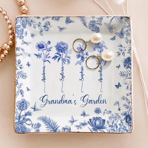 Toile De Jouy Birth Flower Ring Dish, Nana&#39;s Garden, Gifts for Nana, Gigi, Nana Gifts, Grandma Gifts From Grandkids, Grandson, Granddaughter