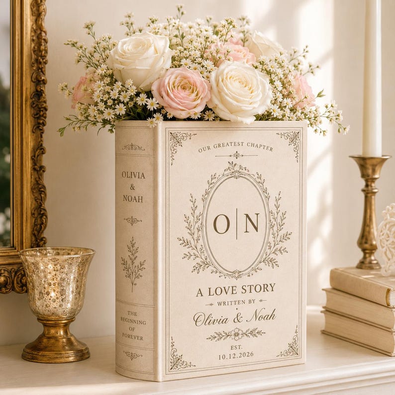 Puede incluir: Una caja rectangular en forma de libro de color crema con el texto "OUR GREATEST CHAPTER", "O|N", "A LOVE STORY", "WRITTEN BY OLIVIA & NOAH", "EST. 10.12.2026", "OLIVIA & NOAH" y "THE BEGINNING OF FOREVER" con detalles florales.
