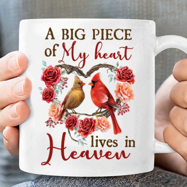 Cardinal couple, Rose flower wreath, Memorial Gift, A big piece of my heart lives in heaven, To My Husband In The Heaven, Widow Gift, Coffee