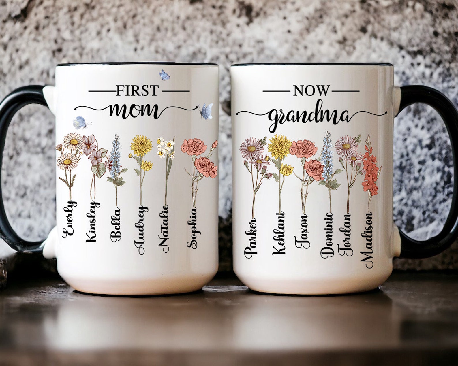 Personalized Birth Month Flower Coffee Cup, First Mom Now Grandma Mug ...