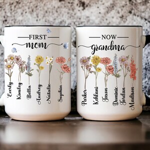 Personalized Birth Month Flower Coffee Cup, First Mom Now Grandma Mug ...