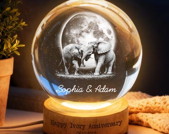 14th Ivory Wedding Anniversary Crystal Ball Night Light, Custom Moon Phase By Date Lamp, Ivory Anniversary Gift, Elephants Couples Gift
