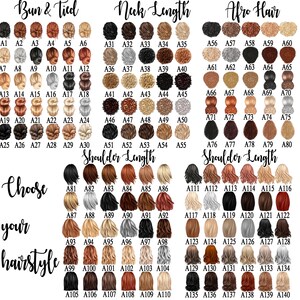 May include: A chart with 140 different hairstyles for women. The hairstyles are organized into three categories: Bun & Tied, Neck Length, and Afro Hair. Each hairstyle is labeled with a letter and number.