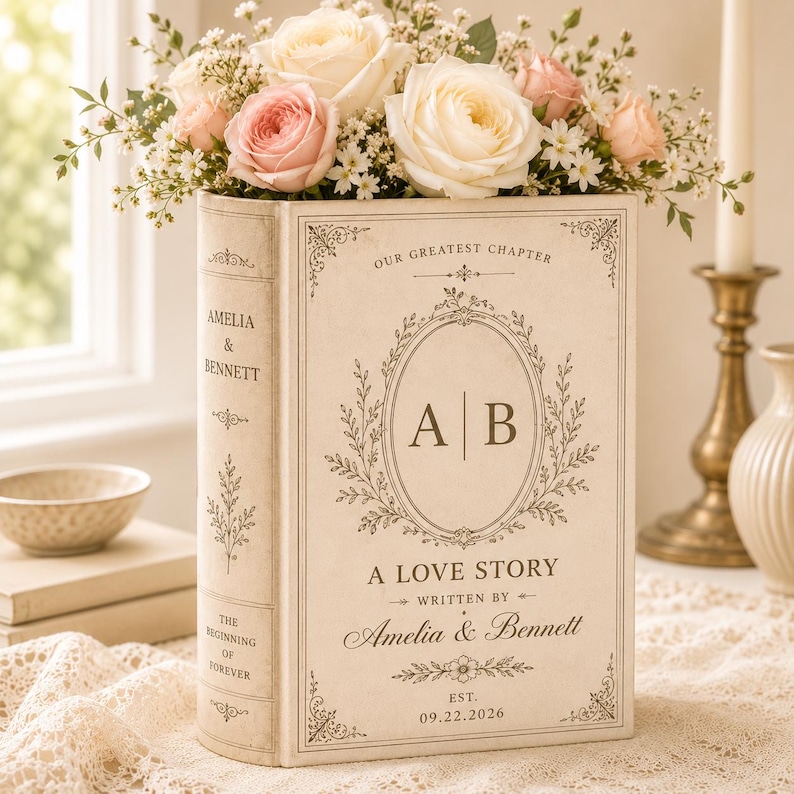 Puede incluir: Una caja decorativa en forma de libro de color crema con el texto "OUR GREATEST CHAPTER," "A LOVE STORY," "WRITTEN BY AMELIA & BENNETT," y "EST. 09.22.2026." La portada muestra las iniciales "A | B" dentro de un marco floral ovalado.