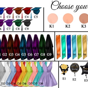 May include: Graduation cap, gown, sash, dress, and balloon customization chart with various color options. Choose from different cap styles, gown colors, sash colors, dress styles, and balloon designs.