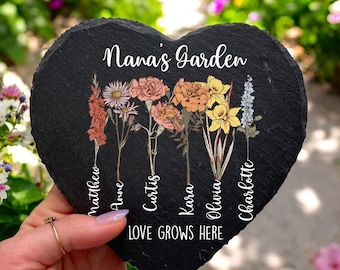 Regalo floreale personalizzato per il mese di nascita, pietra da giardino personalizzata, regalo per la festa della mamma, pietra decorativa da giardino per la nonna con nomi, nomi dei nipoti