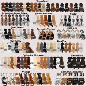 May include: A collection of dog breed illustrations, including Dachshunds, Golden Retrievers, Huskies, and more. Each dog is depicted in various colors and styles, with labels indicating breed names and individual numbers.