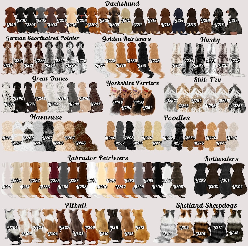 May include: A collection of dog breed illustrations, including Dachshunds, Golden Retrievers, Huskies, and more. Each dog is depicted in various colors and styles, with labels indicating breed names and individual numbers.