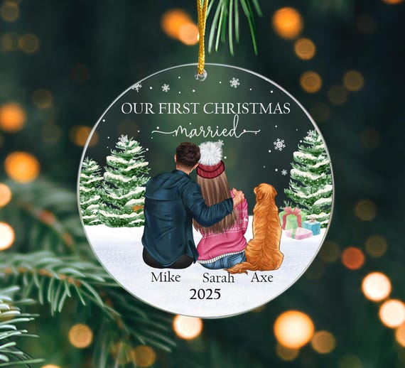 Custom First Christmas Married Ornament, Our First Christmas Ornament 2025, Personalized Couple And Pets Ornament, Couple Wedding Keepsake