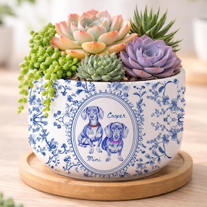 May include: A white ceramic planter with a blue floral pattern featuring an oval frame containing illustrations of two dachshunds and the names Cooper and Mini. The planter holds a variety of succulents including a string of pearls plant.