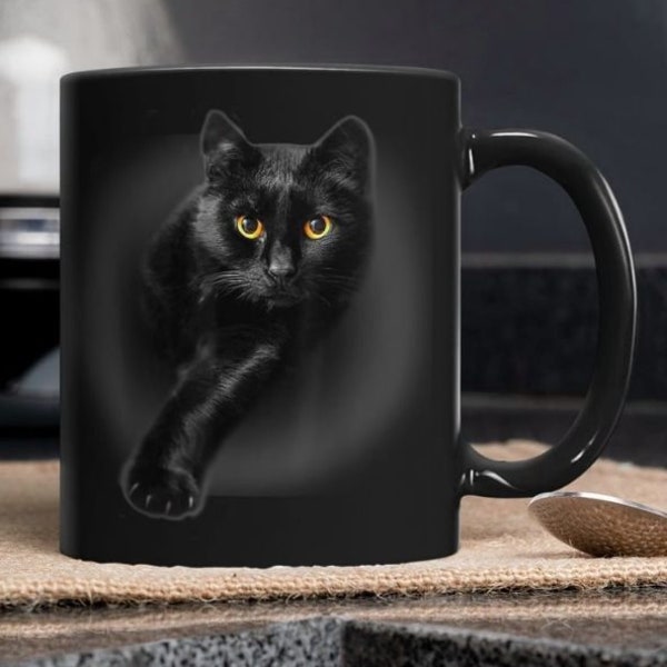 Mugs Black Cat, Black Cat Coffee Mug, Black Cat On Black Mug, Office Coffee Tumbler Gift, latte mug, gifts for her, love cat gift, mugs cat